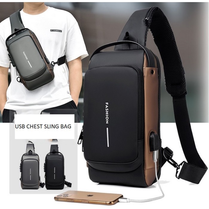 2. CIVETO TS207 Tas Selempang Pria USB Fashion Waterproof Men Chest Sling Bag - foto 1 dari 10