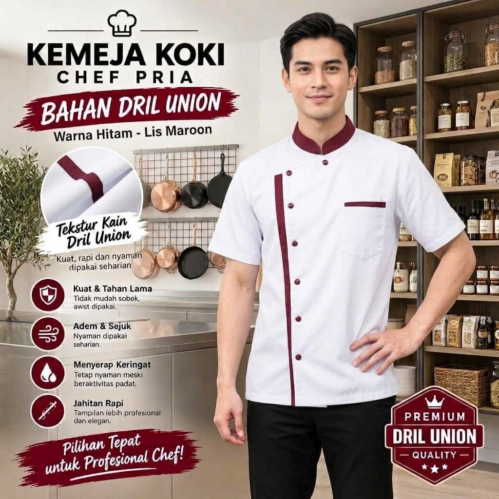 Kemeja Koki Pria Lengan Pendek Bahan Dril Union — Seragam Chef Tangan Pendek Premium - foto 1 dari 10