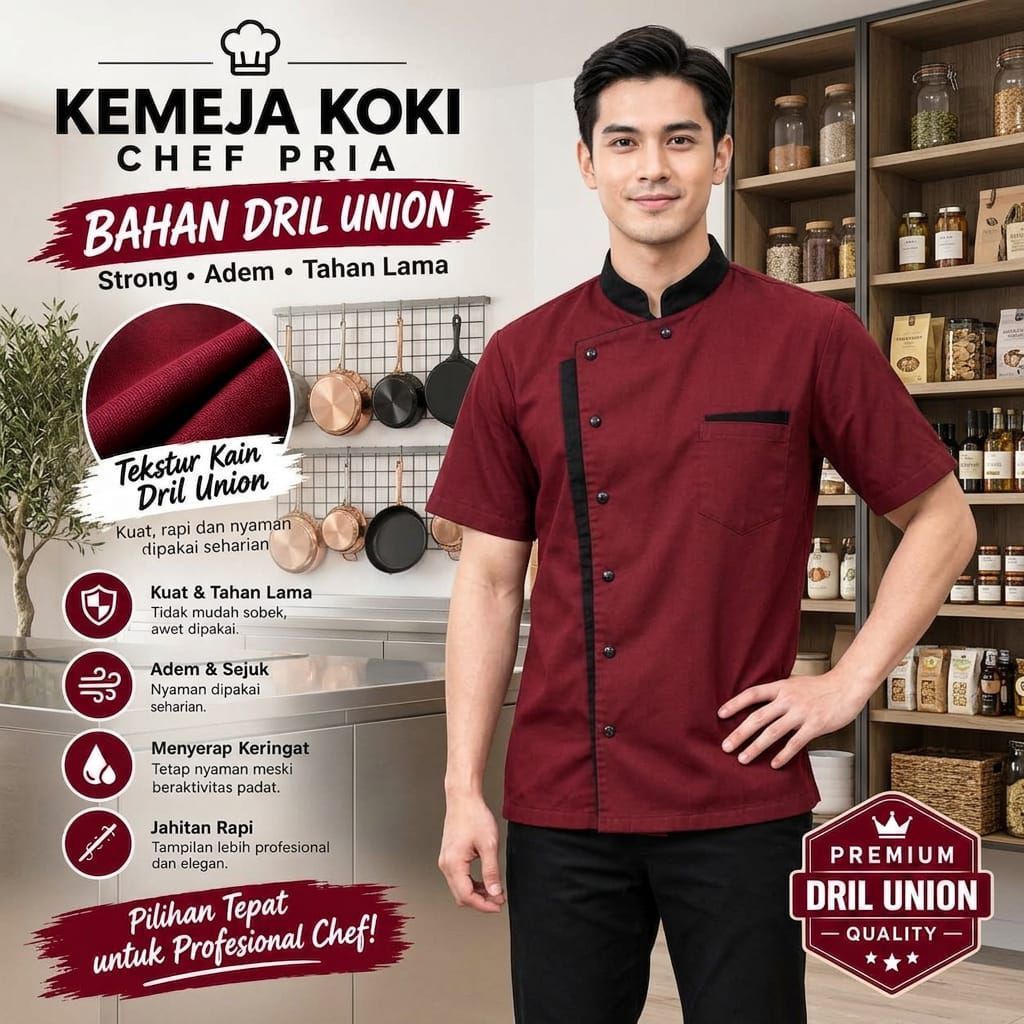 Kemeja Koki Pria Lengan Pendek Bahan Dril Union — Seragam Chef Tangan Pendek Premium - foto 4 dari 10, -21% Baju Chef Unisex Lengan Pendek Katun Polyester 4.8 Rp 98.400 4RB+ Terjual