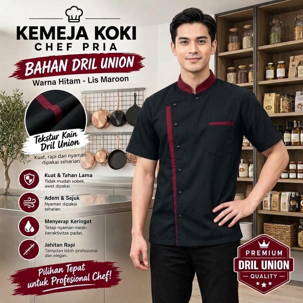 Kemeja Koki Pria Lengan Pendek Bahan Dril Union — Seragam Chef Tangan Pendek Premium - foto 5 dari 10, -21% Baju Chef Unisex Lengan Pendek Katun Polyester 4.8 Rp 98.400 4RB+ Terjual