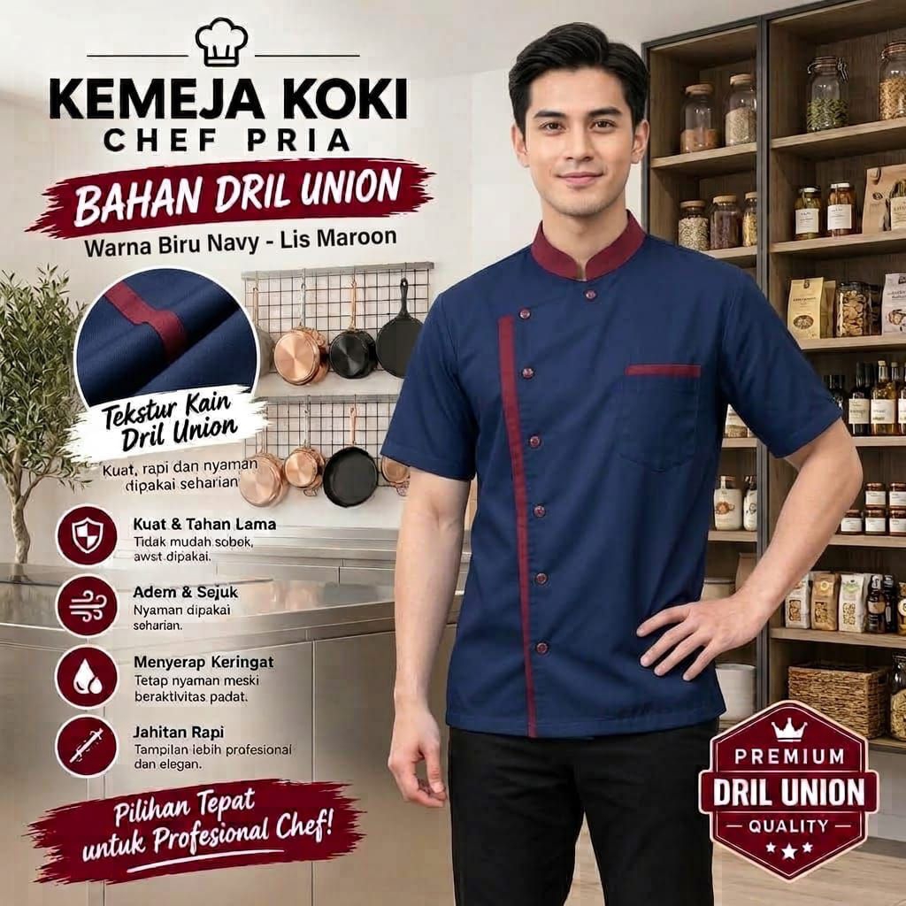 Kemeja Koki Pria Lengan Pendek Bahan Dril Union — Seragam Chef Tangan Pendek Premium - foto 7 dari 10, -21% Baju Chef Unisex Lengan Pendek Katun Polyester 4.8 Rp 98.400 4RB+ Terjual
