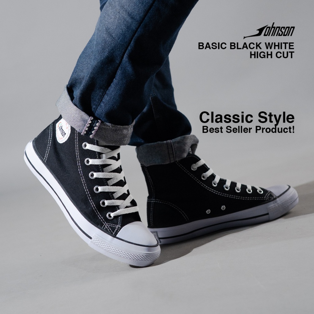 Johnson Basic HighCut (HC) Black White | Sepatu Sekolah Perempuan Laki-Laki Awet 100 Ribuan - foto 1 dari 10
