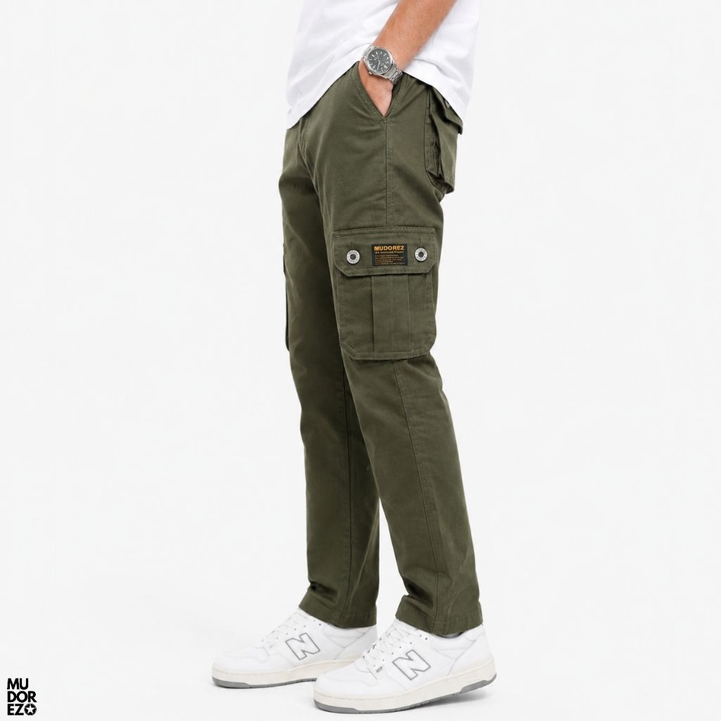Mudorez Long Cargo Pants Slim Straight — Green Army - foto 1 dari 10