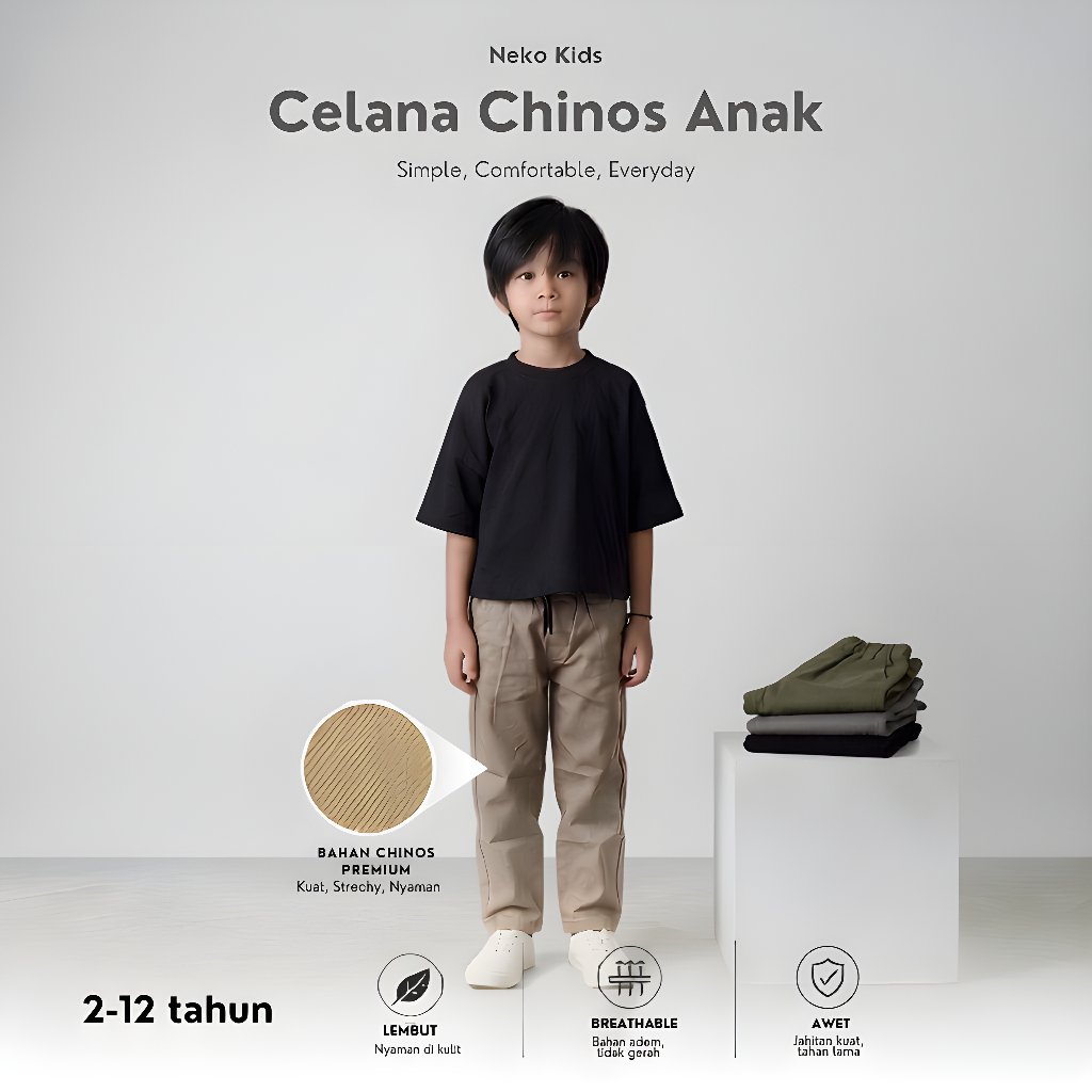 NEKOKIDS Celana Chinos Panjang Anak Laki Laki 2-12 Tahun Katun Twill Stretch Premium Melar Nyaman Chino Pants Anak - foto 1 dari 10