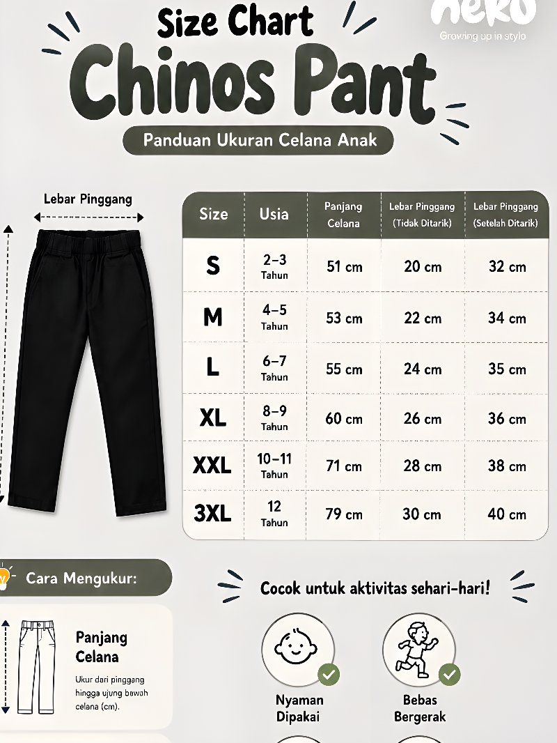 NEKOKIDS Celana Chinos Panjang Anak Laki Laki 2-12 Tahun Katun Twill Stretch Premium Melar Nyaman Chino Pants Anak - foto 10 dari 10, mangrove645