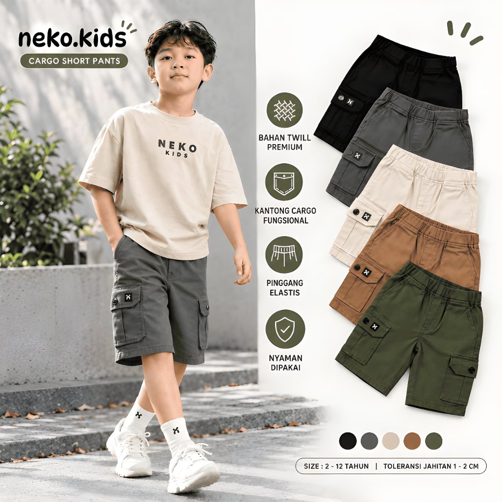 Neko Celana Pendek Cargo Anak Laki Laki Pants Short Premium 1-11 Tahun Pinggang Karet - foto 1 dari 10