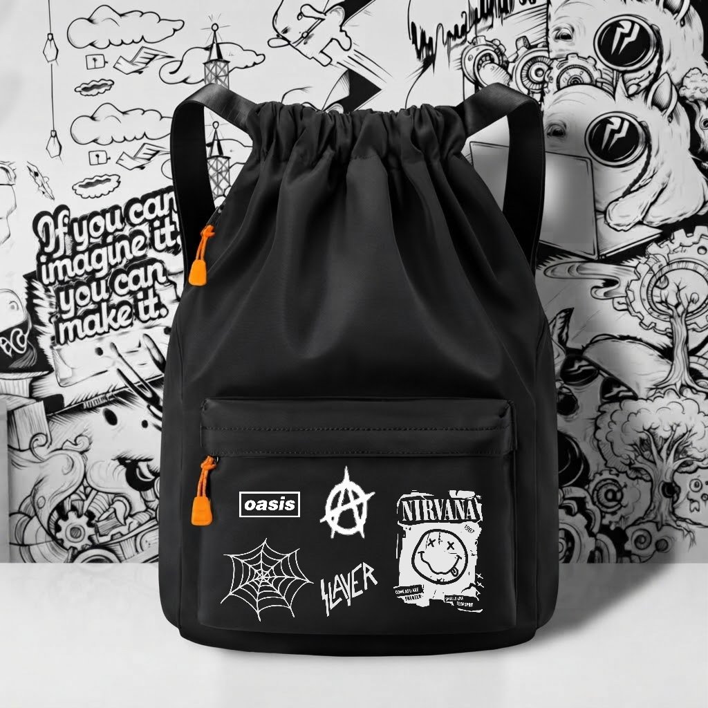 Tas Serut Multifungsi Ringan Bahan Tebal Stringbag Laki Laki Sekolah Traveling Kerja Motif Band Metal Kekinian - foto 1 dari 10