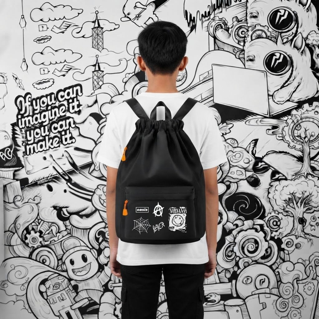 Tas Serut Multifungsi Ringan Bahan Tebal Stringbag Laki Laki Sekolah Traveling Kerja Motif Band Metal Kekinian - foto 5 dari 10