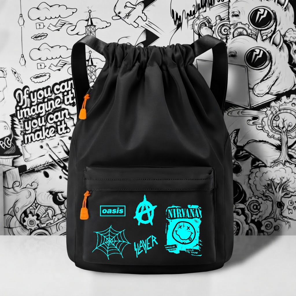 Tas Serut Multifungsi Ringan Bahan Tebal Stringbag Laki Laki Sekolah Traveling Kerja Motif Band Metal Kekinian - foto 9 dari 10