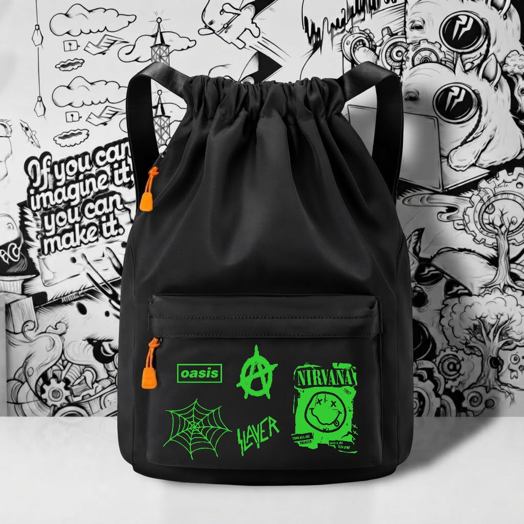 Tas Serut Multifungsi Ringan Bahan Tebal Stringbag Laki Laki Sekolah Traveling Kerja Motif Band Metal Kekinian - foto 10 dari 10